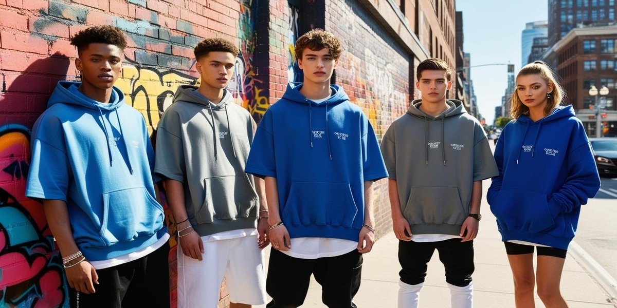 Group of young adults wearing oversized T-shirts and hoodies, standing against urban graffiti wall
